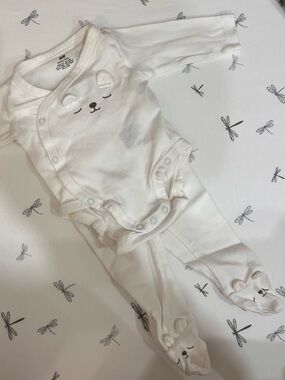 H&M White Bear Face Organic Cotton Footed One-Piece
